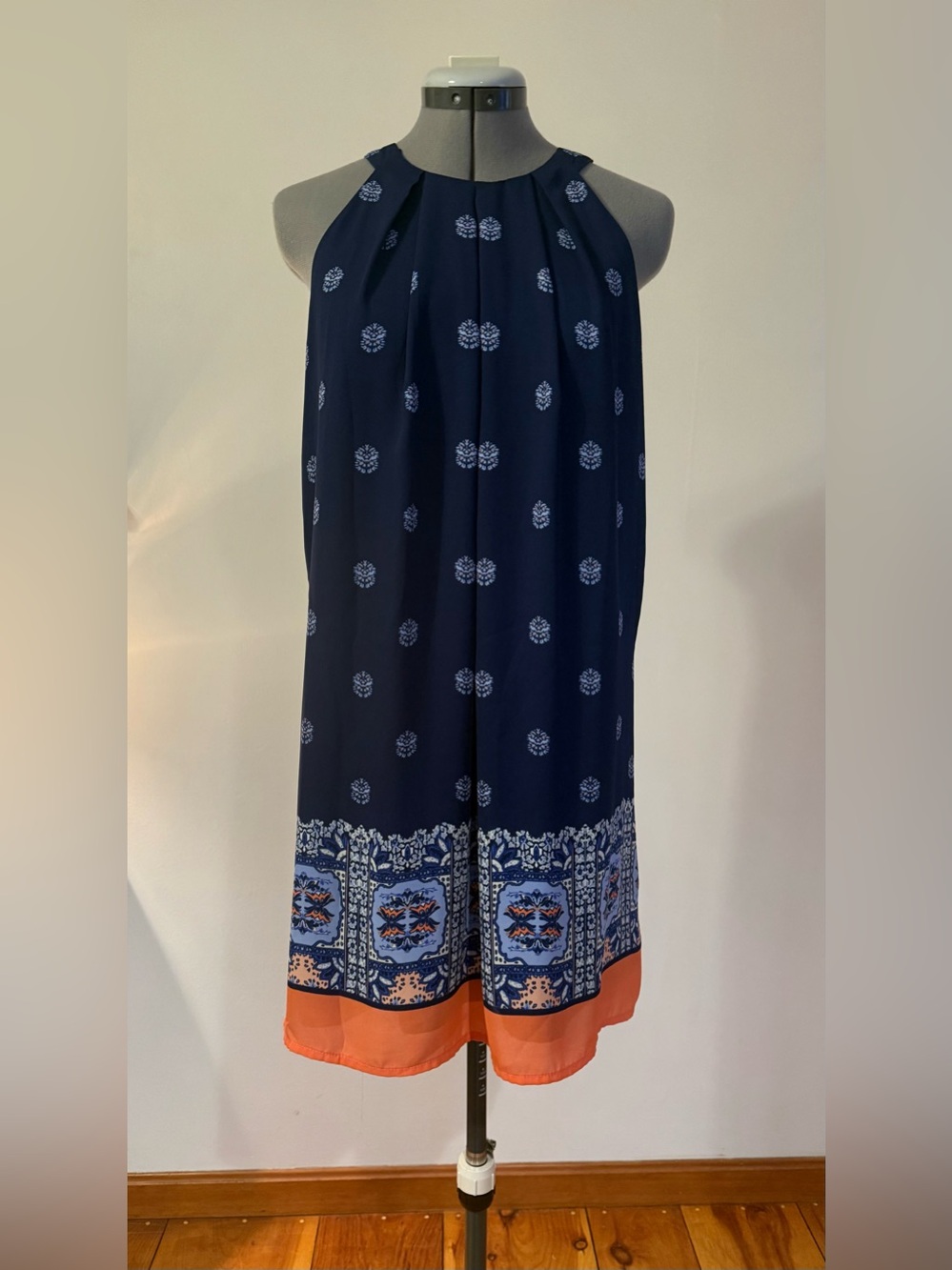 Artisan Ny Navy Mini Dress with Coral Hem and White Motifs